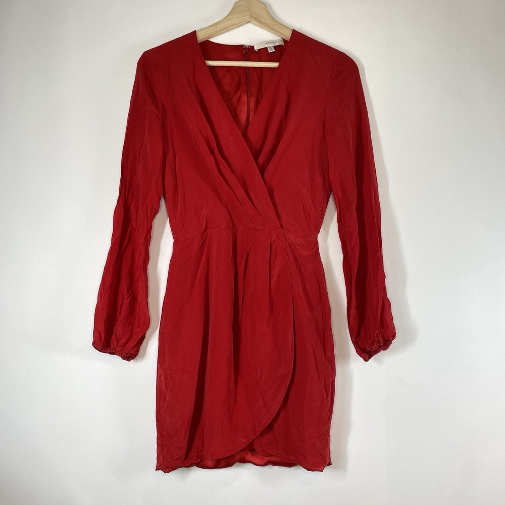 Red Silk V Neck Long Sleeve Cocktail Party Dress Size XS Romantic Going Out